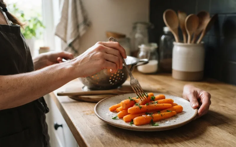 a plate of boiled carrots on a kitchen counter