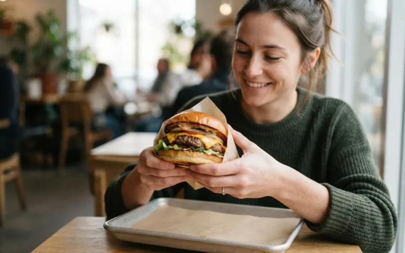 a person holding a burger