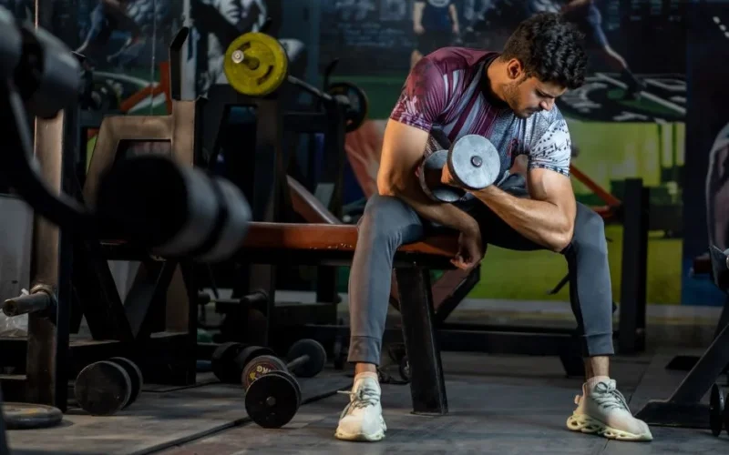 A muscular man working out in a gym, lifting a dumbbell for strength training.