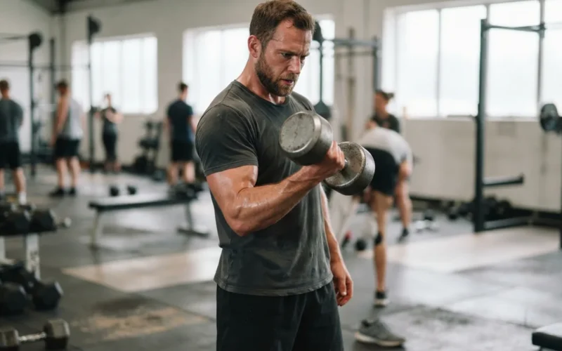 a man doing a dumbbell bicep curl in a gym