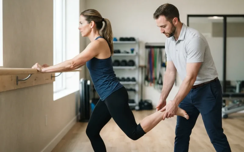 a person doing a calf stretch with a physical therapist
