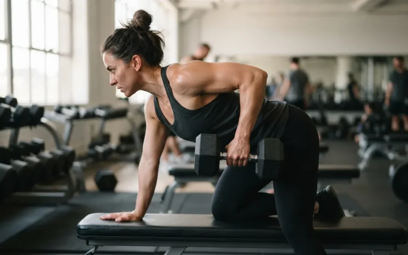 a person doing a dumbbell row in a gym