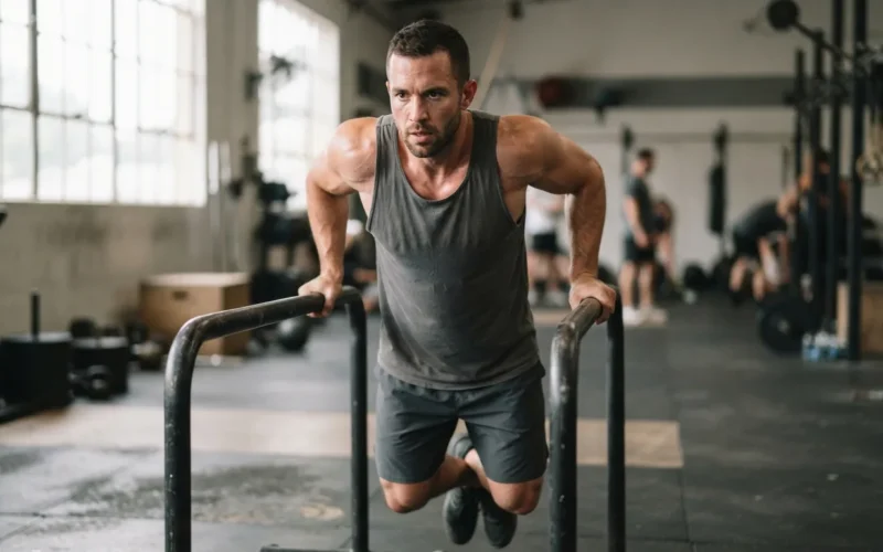 a man doing dips on parallel bars in a gym