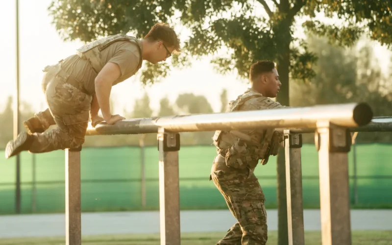U.S. Army paratroopers assigned to Destined Company, 2nd Battalion, 503rd Infantry Regiment (Airborne), 173rd Airborne Brigade, jump over a parallel bar obstacle during training at Caserma Del Din, Vicenza, Italy, Sept. 4, 2025. The event challenged balance, agility, and upper body strength as part of physical readiness exercises. The 173rd Airborne Brigade is the U.S. Army's Contingency Response Force in Europe, providing rapidly deployable forces to the United States European, African, and Central Command areas of responsibility. Forward deployed across Italy and Germany, the brigade routinely trains alongside NATO allies and partners to build partnerships and strengthen the alliance. (U.S. Army photo by Sgt. Jose Lora)