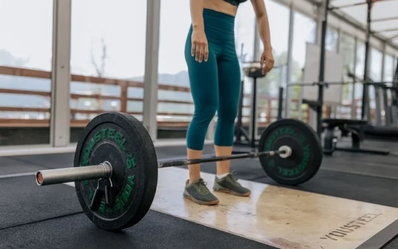 Female athlete preparing to lift a heavy barbell in a gym, showcasing fitness and strength.
