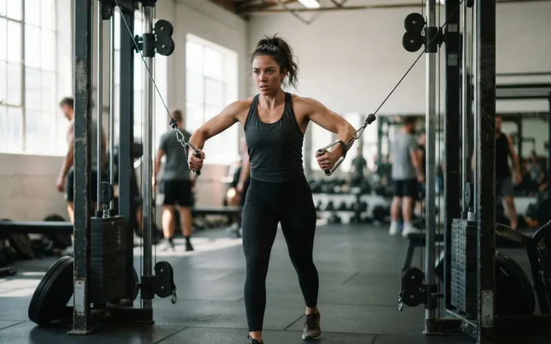 a person using a cable machine in a gym