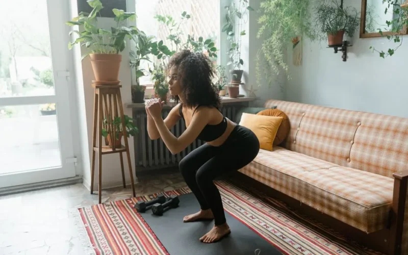 Woman in active wear doing squats on a yoga mat in a cozy indoor setting with plants and natural light.