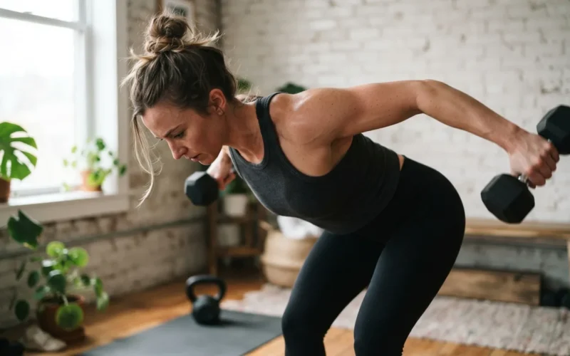 a person doing a rear delt exercise with dumbbells at home