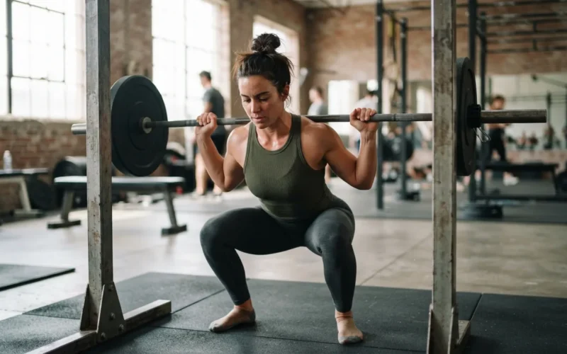 a woman doing squats in a gym