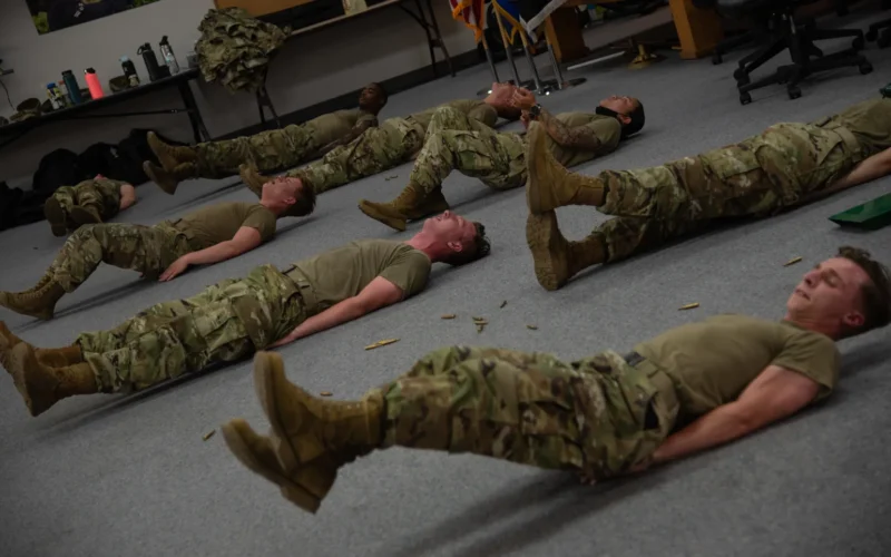 PETERSON SPACE FORCE BASE, Colo. – High Frontier Honor Guard trainees engage in strength and core exercises during a training session at Peterson Space Force Base, Colorado, July 13, 2021. It is important for Ceremonial Guardsmen to establish and maintain high fitness standards to meet the physical demands of their duties. (U.S. Space Force photo by Airman 1st Class Brooke Wise)
