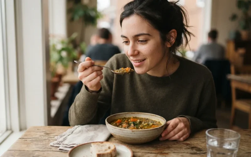 a person eating a bowl of soup