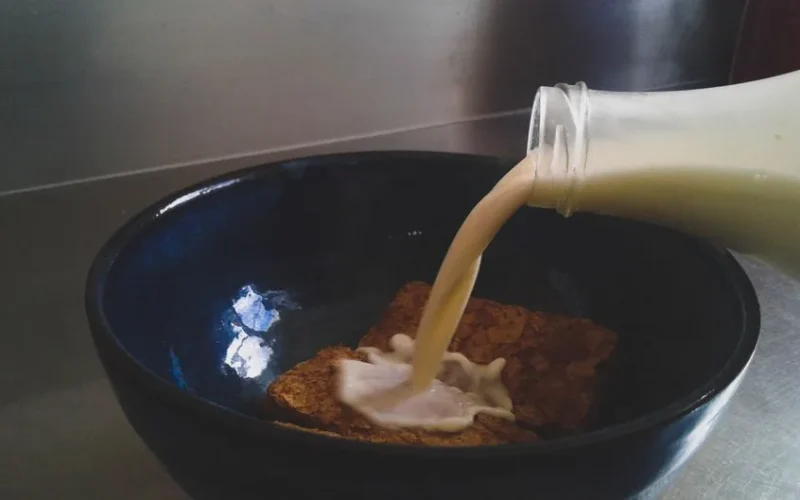Close-up of milk being poured into a dark bowl with breakfast cereal, creating a calm morning scene.