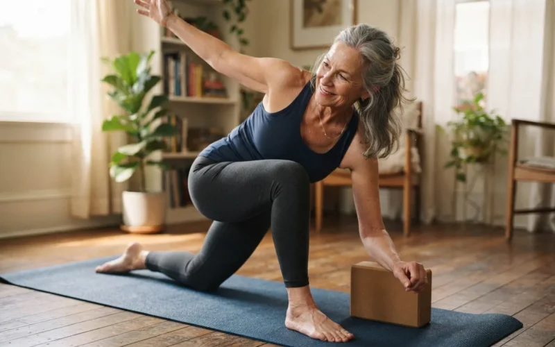 a senior woman exercising on a mat