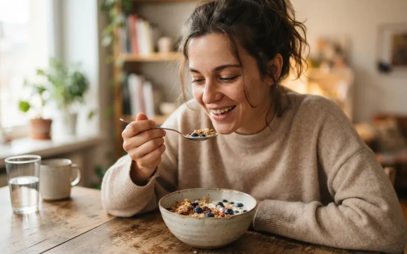 a person eating a bowl of cereal