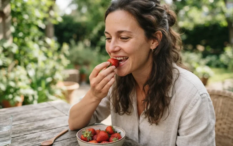 a person eating fresh strawberries