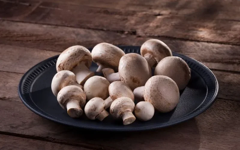 A black plate filled with fresh white mushrooms on a rustic wooden table.