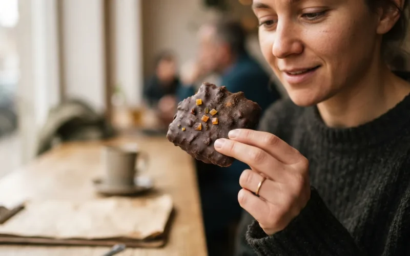 a person holding a piece of chocolate-covered gingerbread