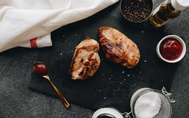 Delicious grilled chicken breasts served with spices, oil, and sauces on a slate plate.