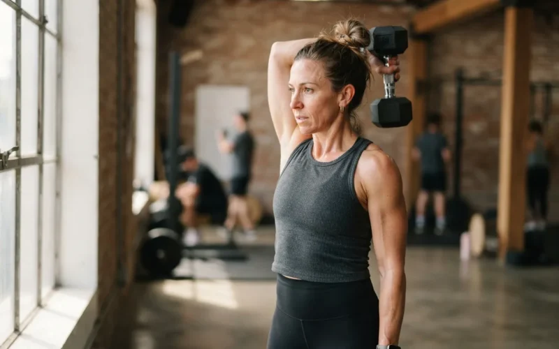 a person doing a triceps exercise with a dumbbell