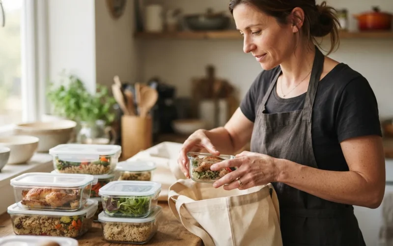 a person arranging containers of prepared food on a kitchen counter