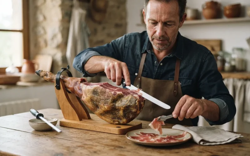 a person slicing ham at a table
