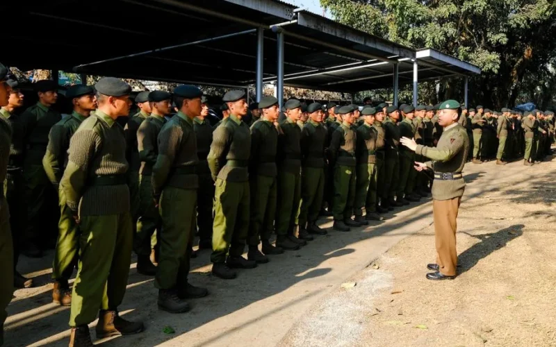 Gurkha soldiers in uniform during a training session in Pokhara, Nepal. Commanding officer addressing the troops.