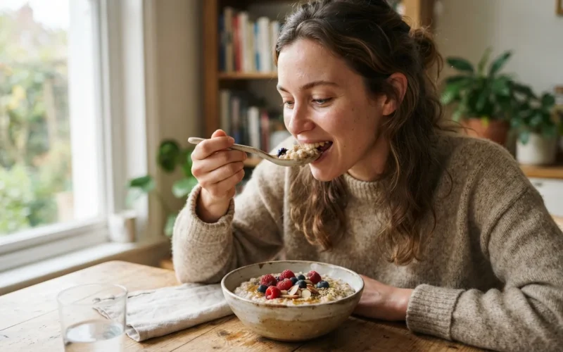 a person eating a bowl of porridge
