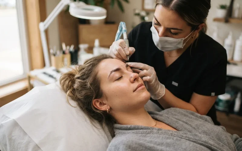 a woman having her eyebrows treated in a beauty salon