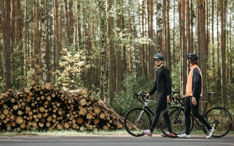 Two cyclists pause beside a stack of logs in a forest, enjoying a moment outdoors.