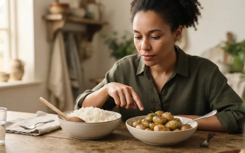 a person choosing between a bowl of rice and a bowl of potatoes