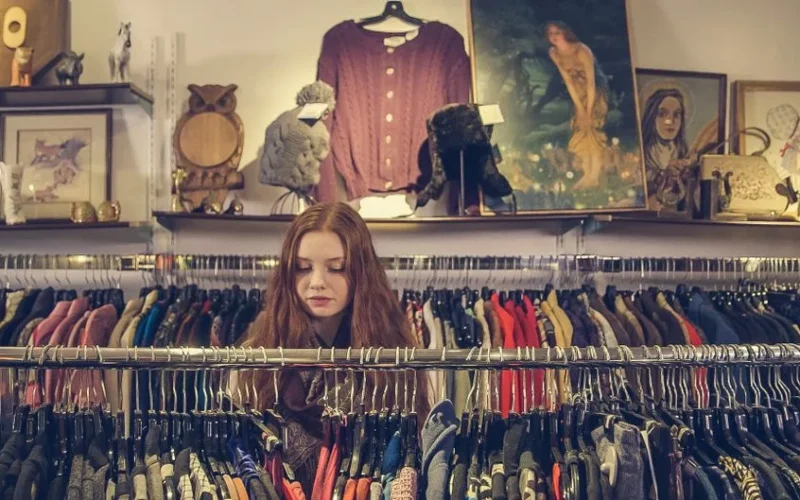 A woman explores racks of clothing in a cozy vintage shop with eclectic decor.