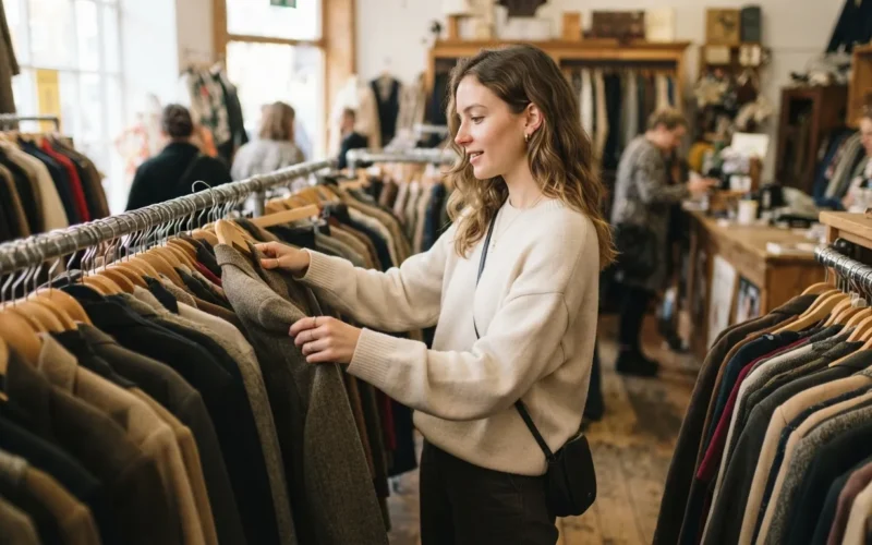 a woman browsing designer clothes on a rack in a vintage store
