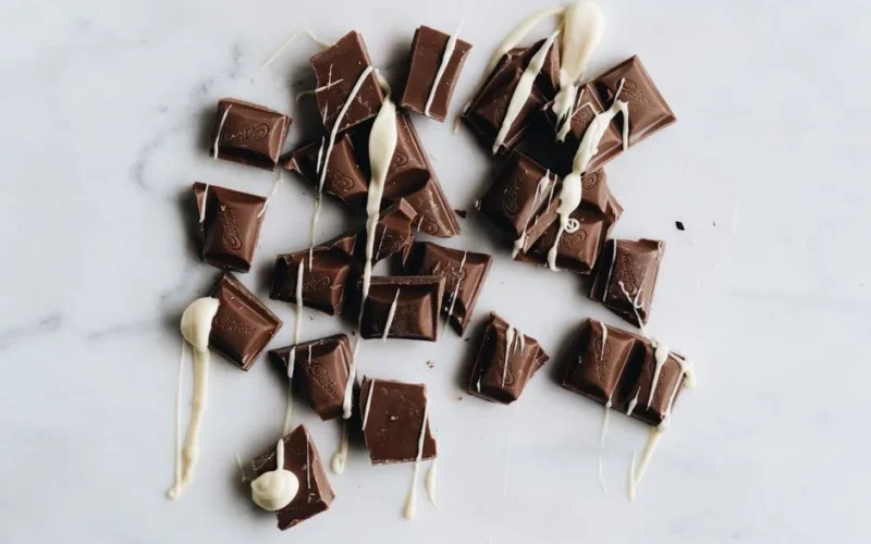Flat lay of Cadbury milk chocolate squares drizzled with white chocolate on a marble surface.