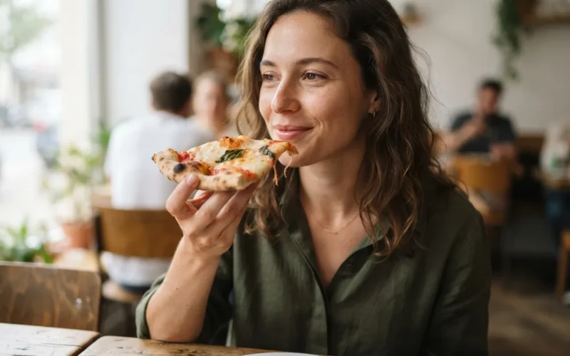 a person holding a slice of thin crust pizza