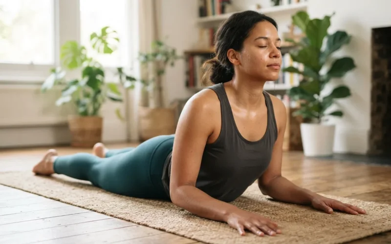 a person doing a gentle back stretch on a yoga mat