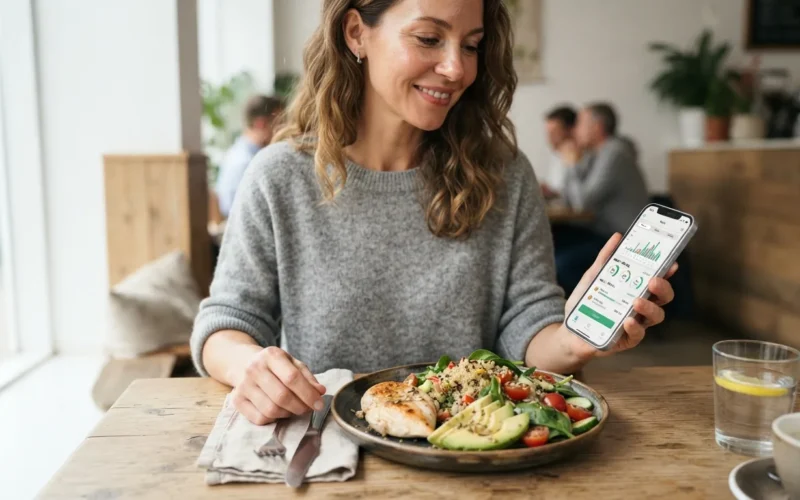 a person holding a smartphone showing a nutrition app next to a plate of food