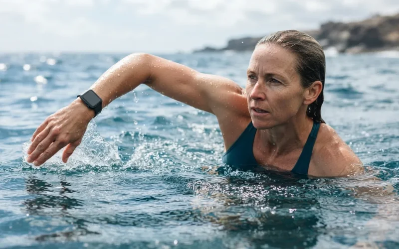a person swimming while wearing a smartwatch on their wrist