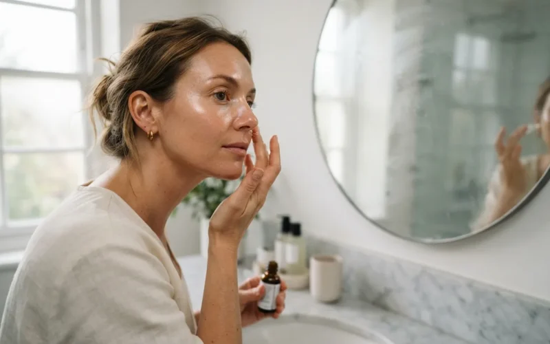 a woman applying a serum to her face in a bathroom