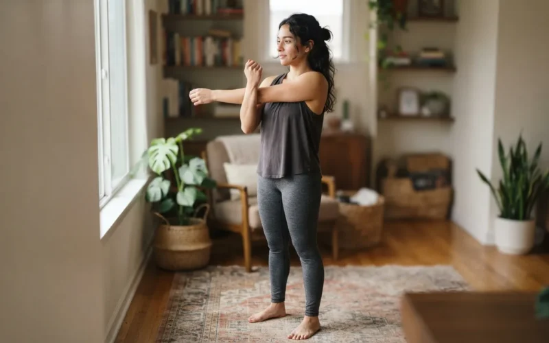 a person doing a shoulder stretch at home