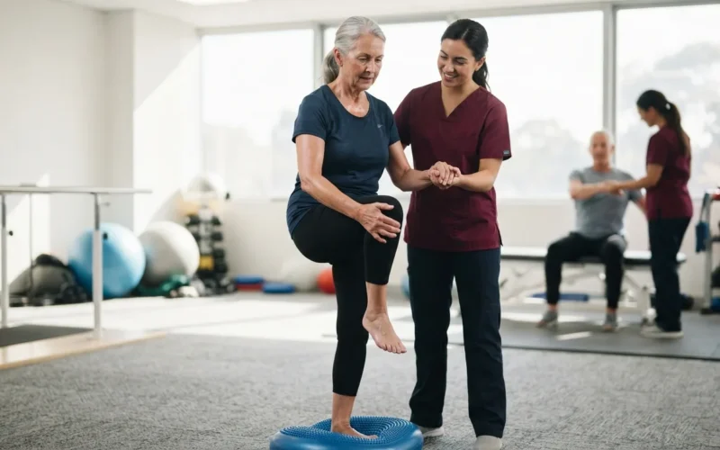 a senior woman doing balance exercises with a physical therapist