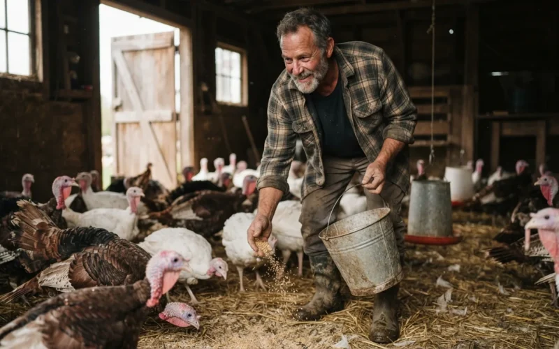 a farmer feeding turkeys in a barn