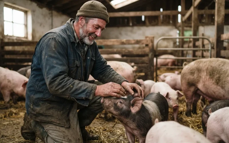 a farmer with pigs in a barn
