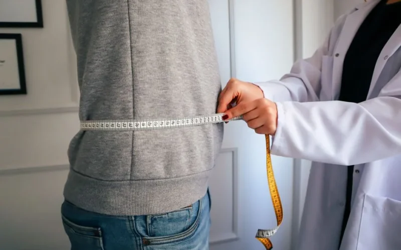 A nutritionist measuring a patient's waist using a tape in a clinical setting.