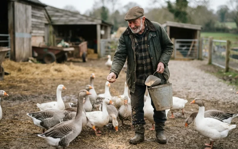 a farmer feeding geese on a farm