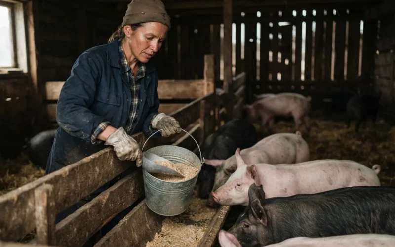 a farmer feeding pigs in a barn
