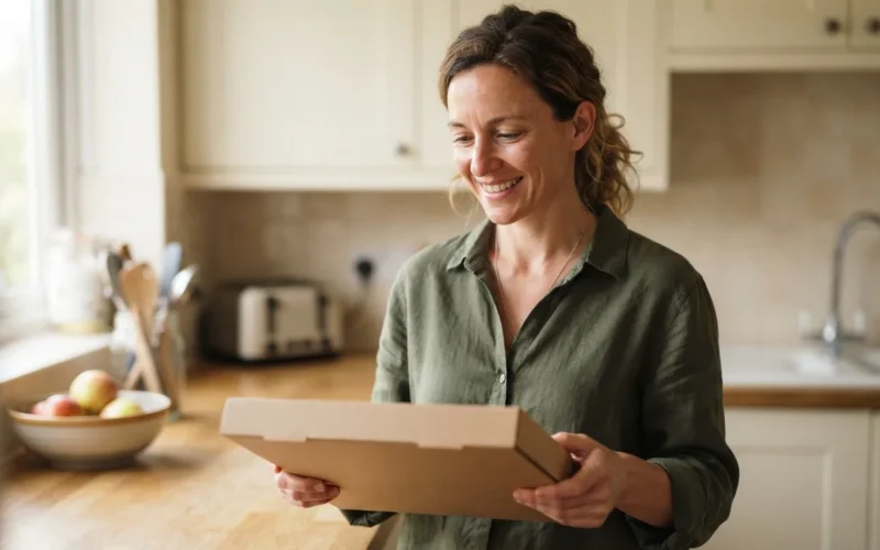 a person holding a frozen pizza box in a kitchen