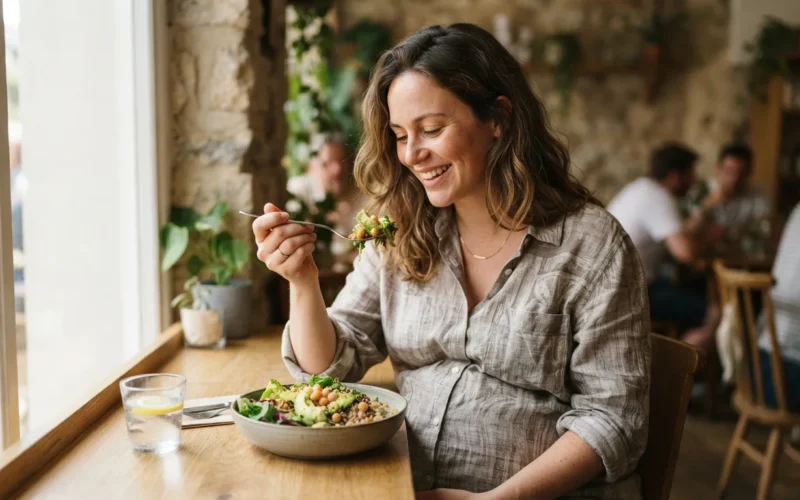 a pregnant woman eating a meal