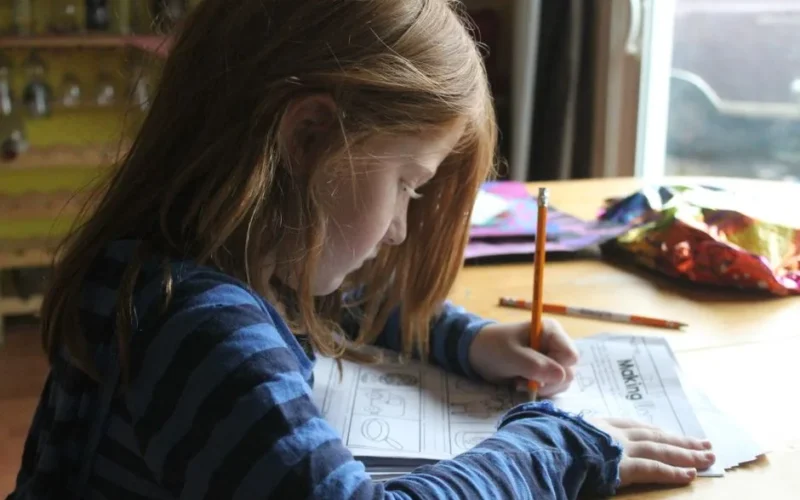 Young girl focused on homework at kitchen table with natural light.