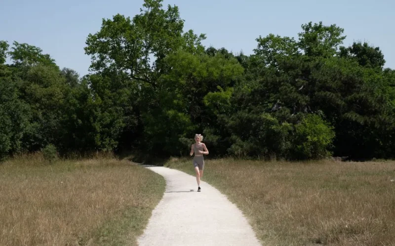 A person jogging on a sunlit forest path with lush greenery.
