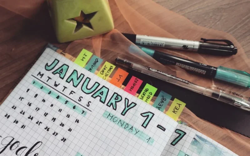 A detailed planner with goals and colorful tabs on a wooden desk with pens.